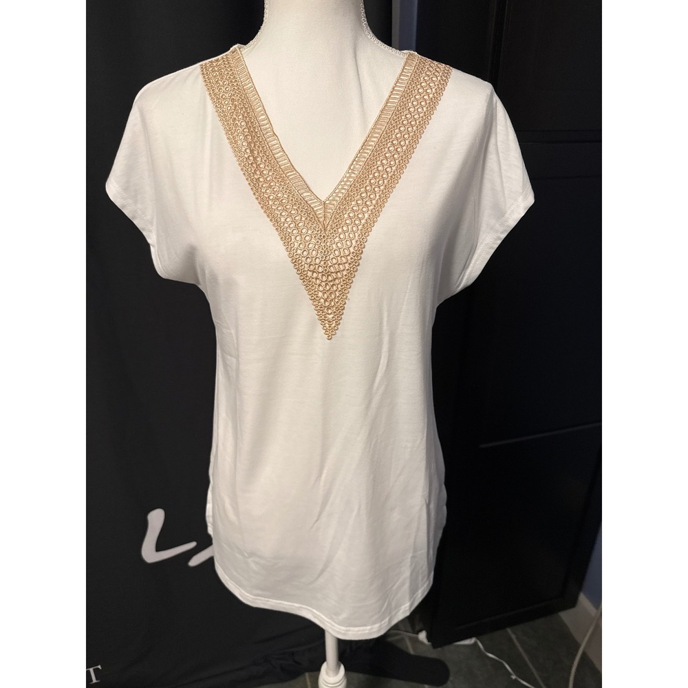 Sampeel Womens White Short Sleeve V-Neck Top Gold Lace Trim Size Small NWT